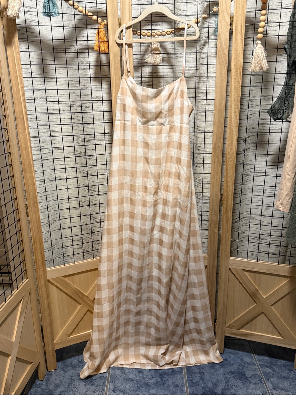 Altar'd State Beige and White Gingham Maxi Dress